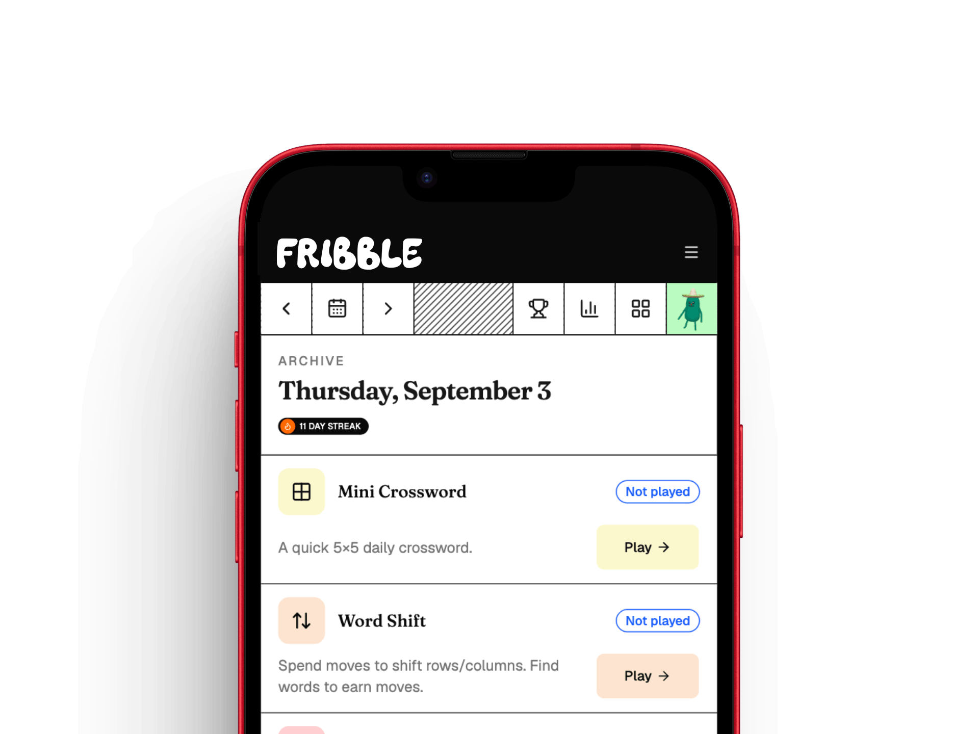 fribble archive on phone showing past daily puzzles